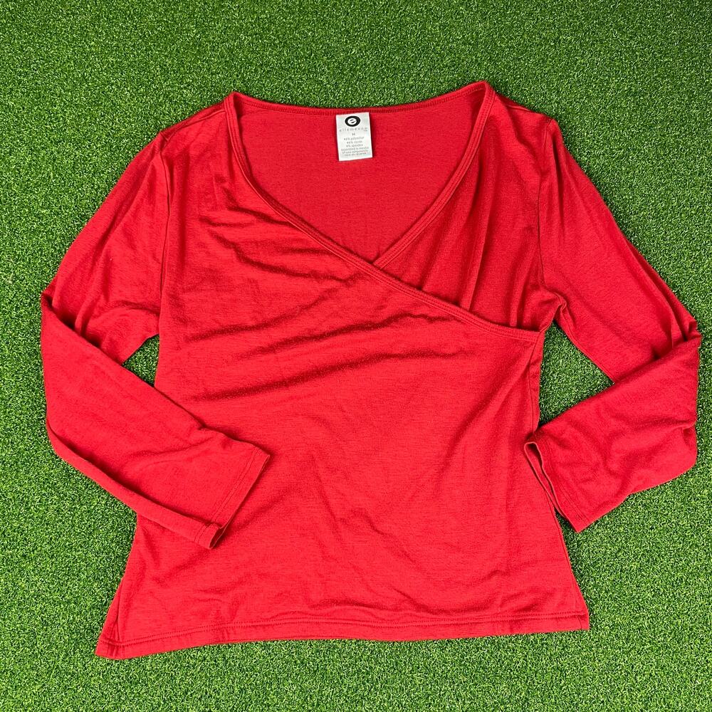 Vintage Y2K Ellemenno Red Long Sleeve V-Neck Faux Wrap Stretch Blouse Sz M